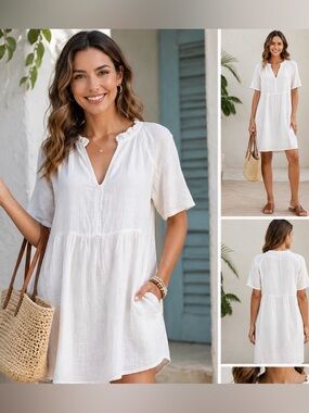Women’s White Cotton Dress Short Sleeve V Neck Babydoll Tunic Dress NWT Medium